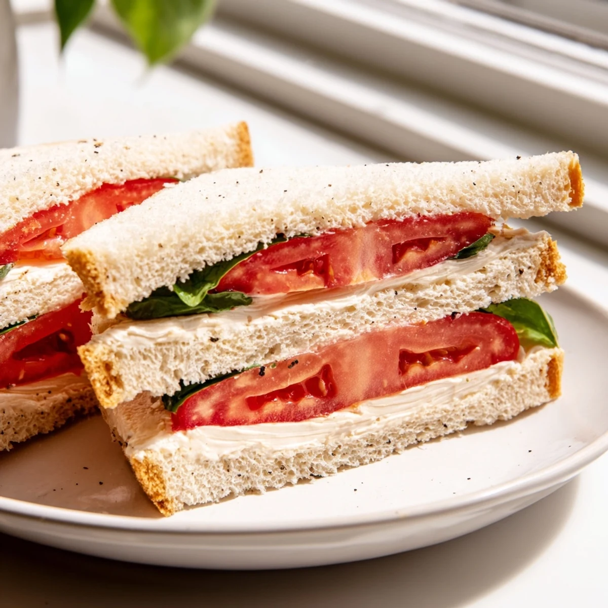 Creamy mayonnaise and fresh basil top this vibrant tomato sandwich on soft bread