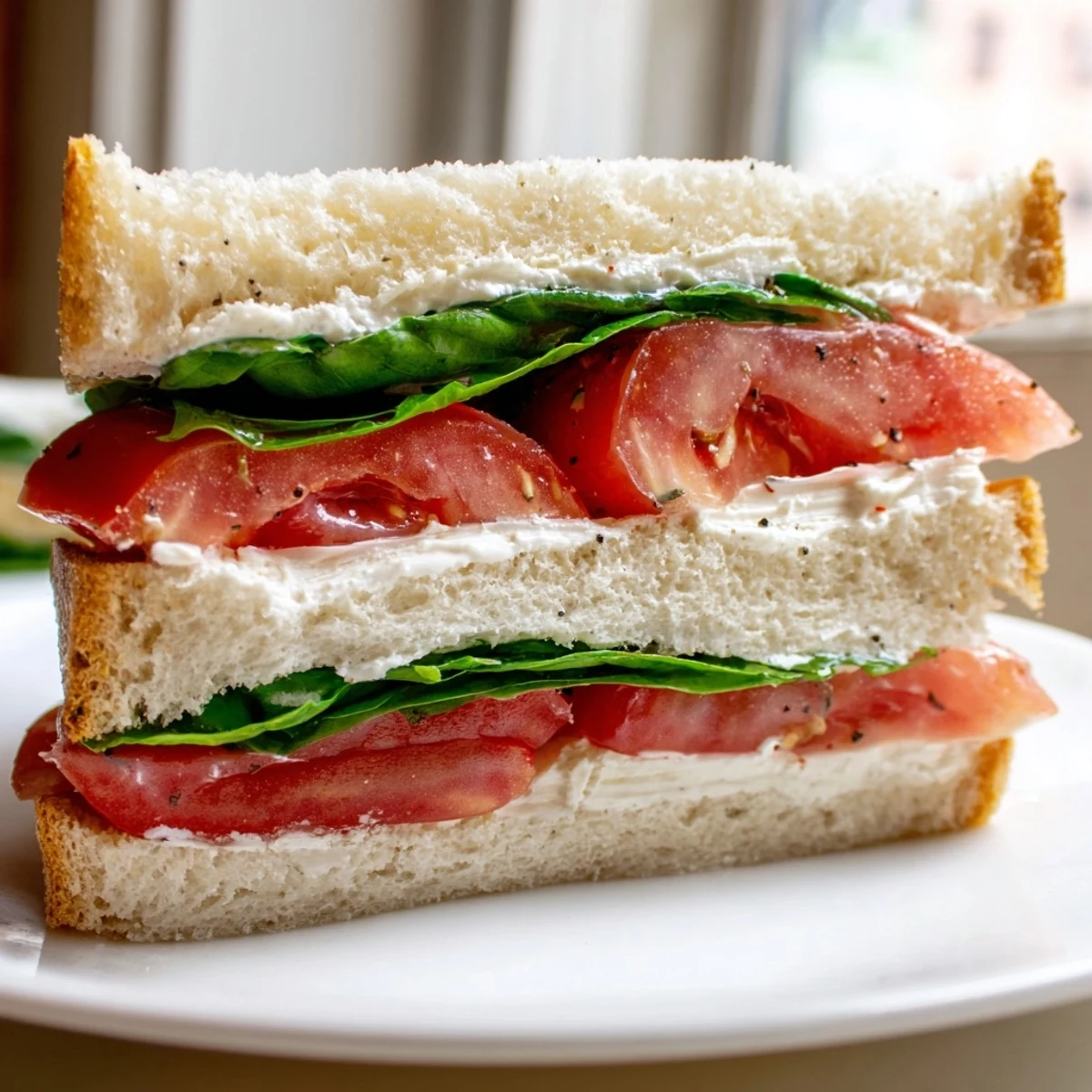 Classic tomato sandwich with thick-cut slices sprinkled with salt and pepper