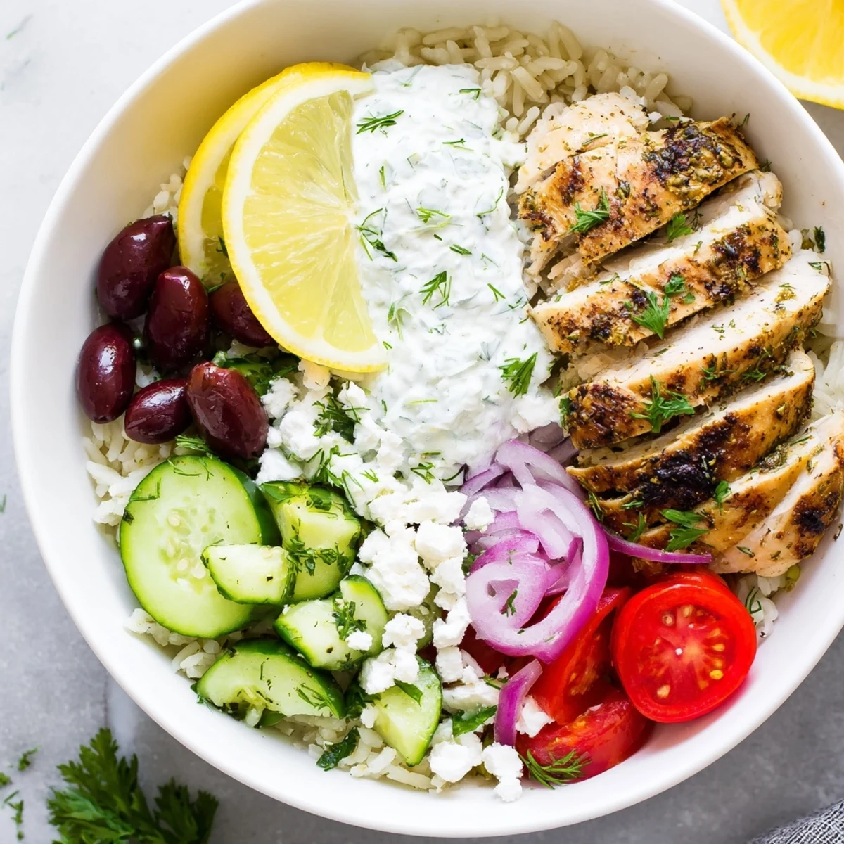 Juicy sliced chicken rests on fluffy rice in these colorful Greek Chicken Bowls.