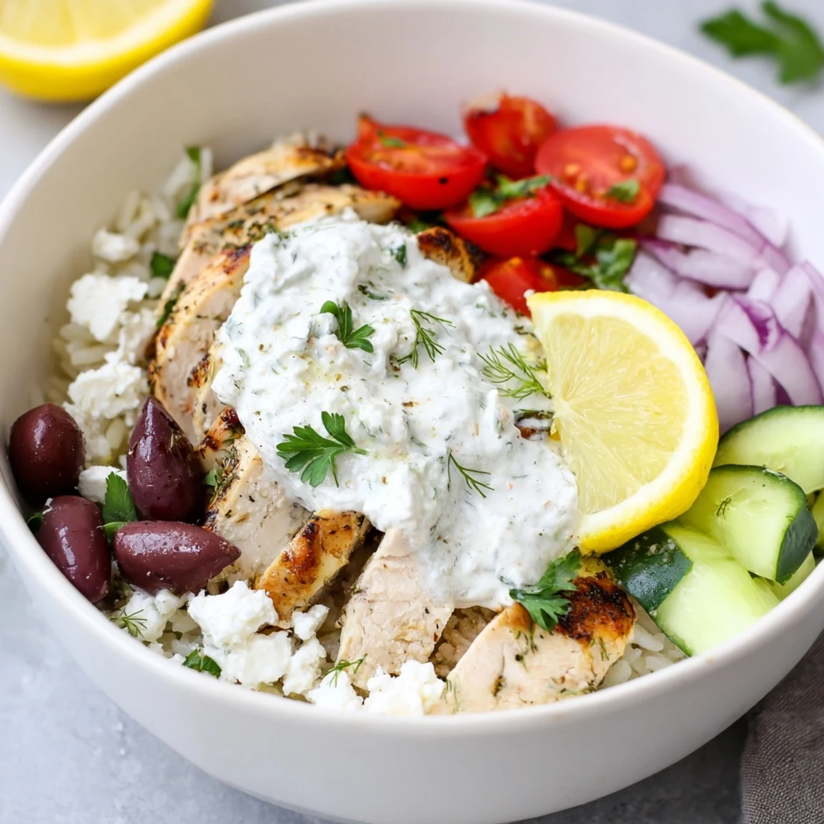 Fresh tomatoes, crumbled feta, and creamy tzatziki top these vibrant Greek Chicken Bowls.