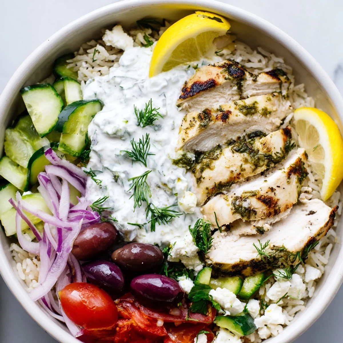 Sizzling herbed meat and bright vegetables fill these satisfying Mediterranean Greek Chicken Bowls.