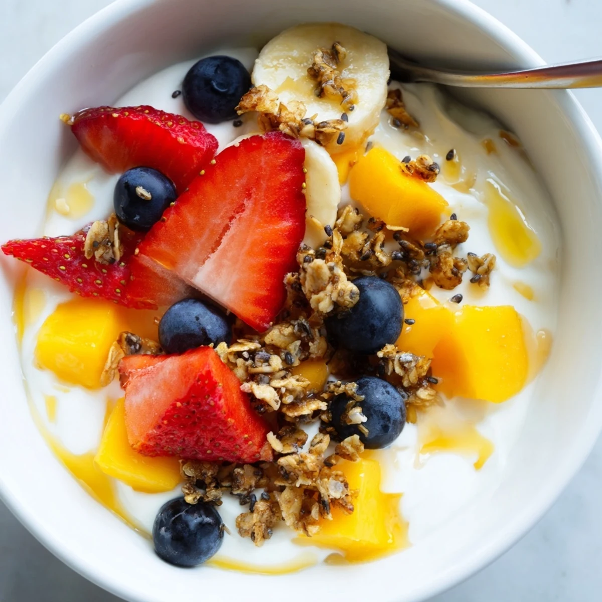 Creamy yogurt fruit bowl topped with fresh strawberries, blueberries, and crunchy granola.