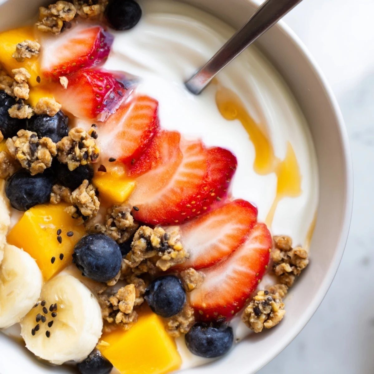 Vibrant mango and banana slices arranged over a thick yogurt fruit bowl.