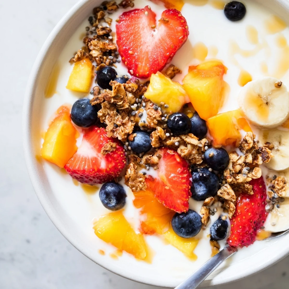 Golden honey drizzled over a refreshing yogurt fruit bowl with ripe mixed berries.