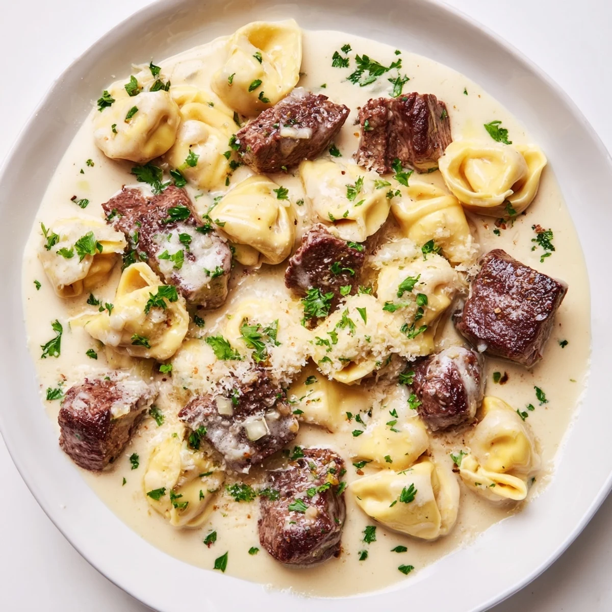 Close up of garlic steak tortellini topped with juicy seared steak bites.