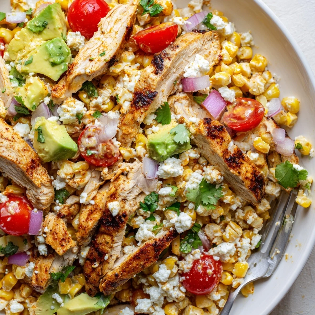 High Protein Chicken Street Corn Salad in a dark bowl topped with crumbled cotija cheese.  