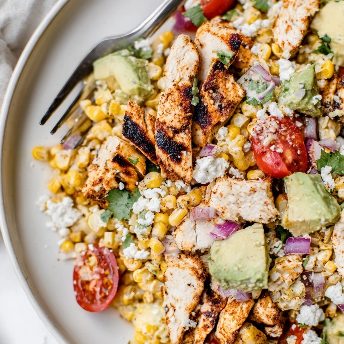 Juicy grilled chicken slices served over a vibrant High Protein Chicken Street Corn Salad.  