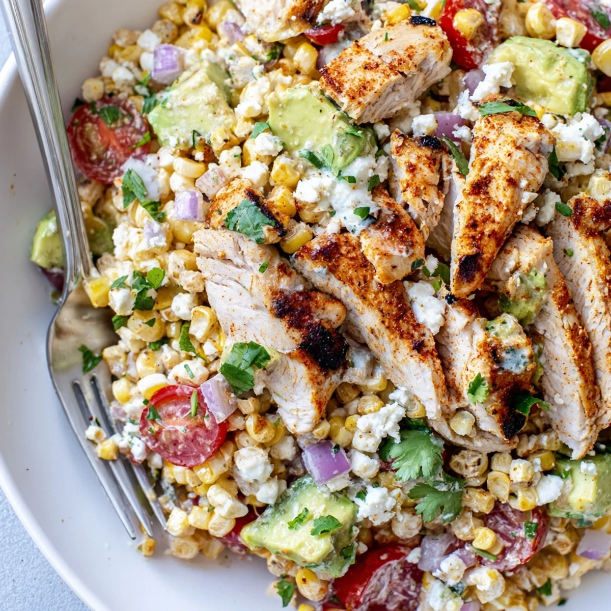 Sizzling pan of charred corn and spices for High Protein Chicken Street Corn Salad.