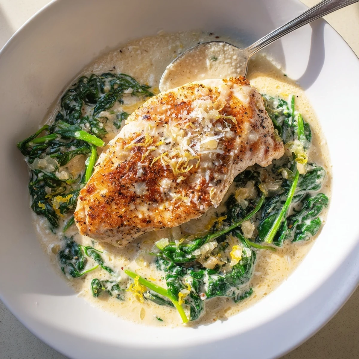 Golden seared Lemon Parmesan Spinach Chicken nestled in a creamy garlic herb sauce on a cast iron skillet.