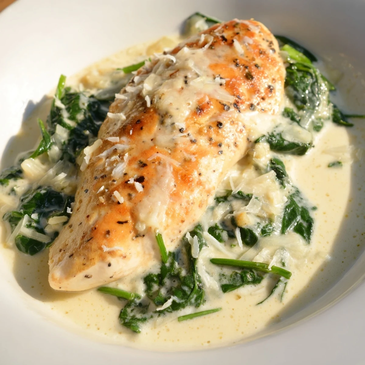Tender Lemon Parmesan Spinach Chicken topped with melted cheese and vibrant wilted greens on a white plate.