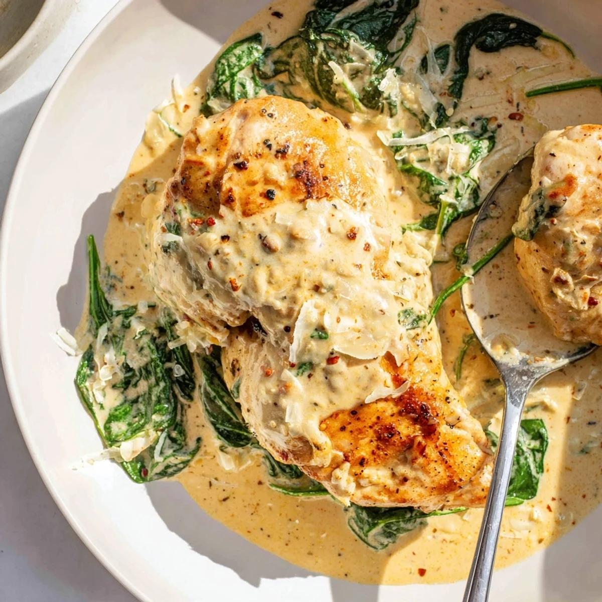 Juicy pan cooked Lemon Parmesan Spinach Chicken smothered in a rich, zesty cream sauce with fresh leaves.