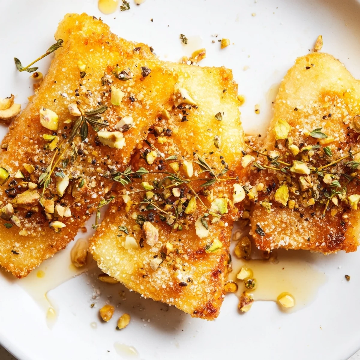 Golden fried Honey Halloumi drizzled with sweet honey and topped with toasted nuts.  