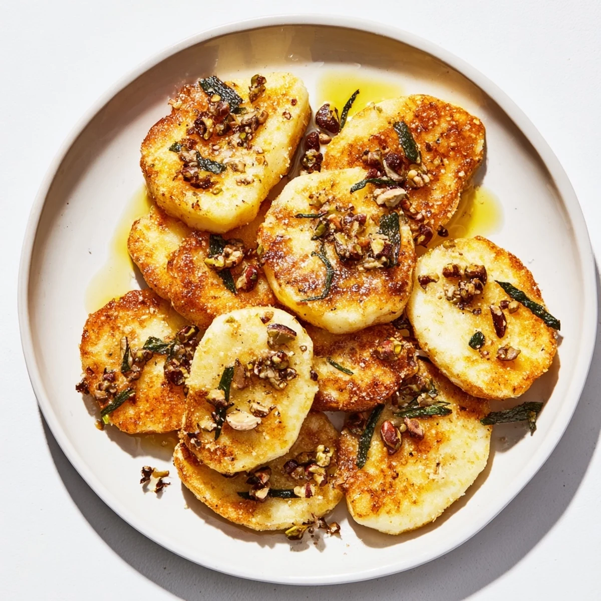 Crispy Honey Halloumi appetizer sprinkled with fresh herbs and black pepper for serving.  
