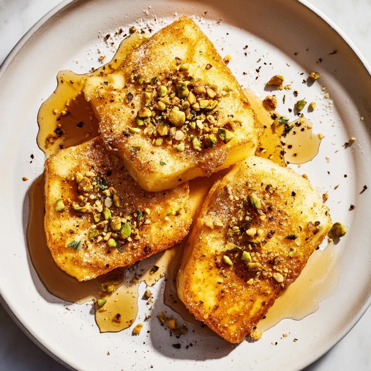 Savory-sweet Honey Halloumi cheese slices garnished with pistachios and thyme on a plate.