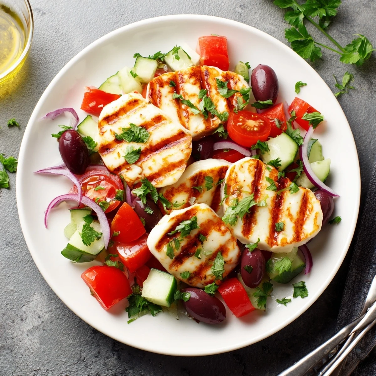 Warm grilled halloumi slices served over a crisp Mediterranean salad with tangy lemon dressing