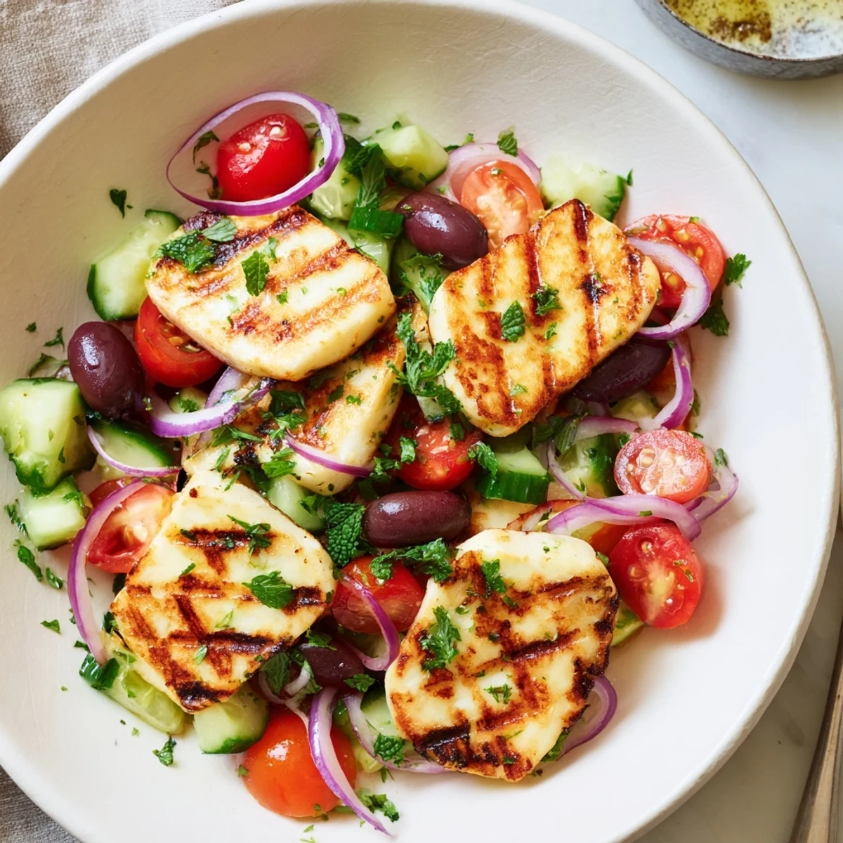 Golden grilled halloumi atop a vibrant Mediterranean salad with fresh vegetables and herbs