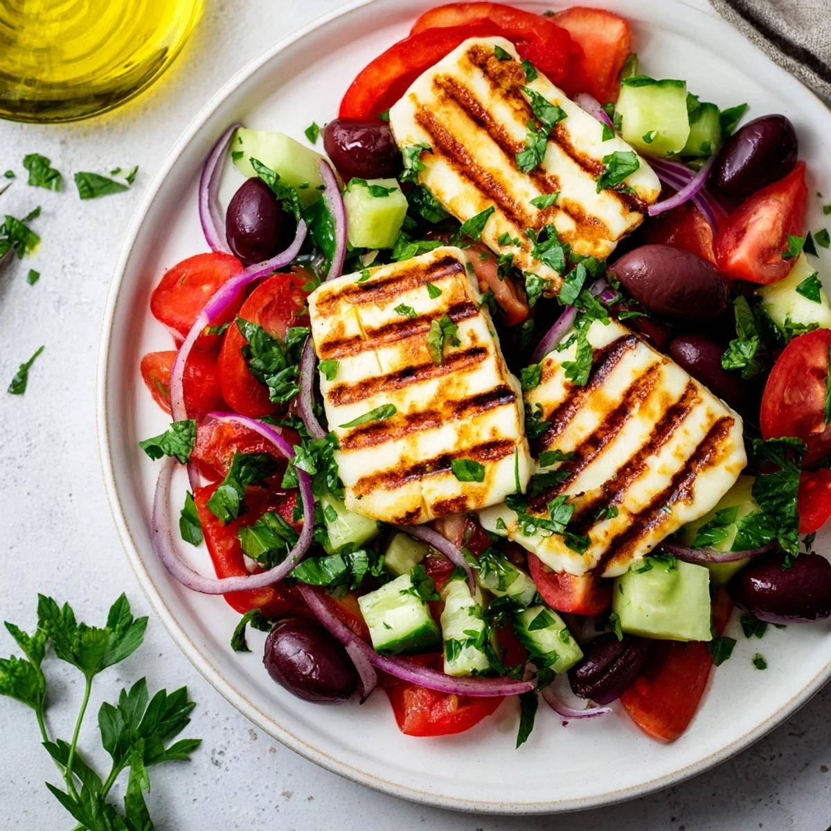 Sizzling grilled halloumi paired with refreshing Mediterranean salad bursting with colorful cherry tomatoes