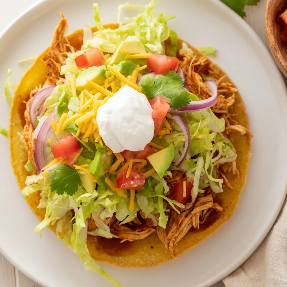 Seasoned Chicken Tostadas piled high with lettuce, tomatoes, and avocado on golden tortillas.  