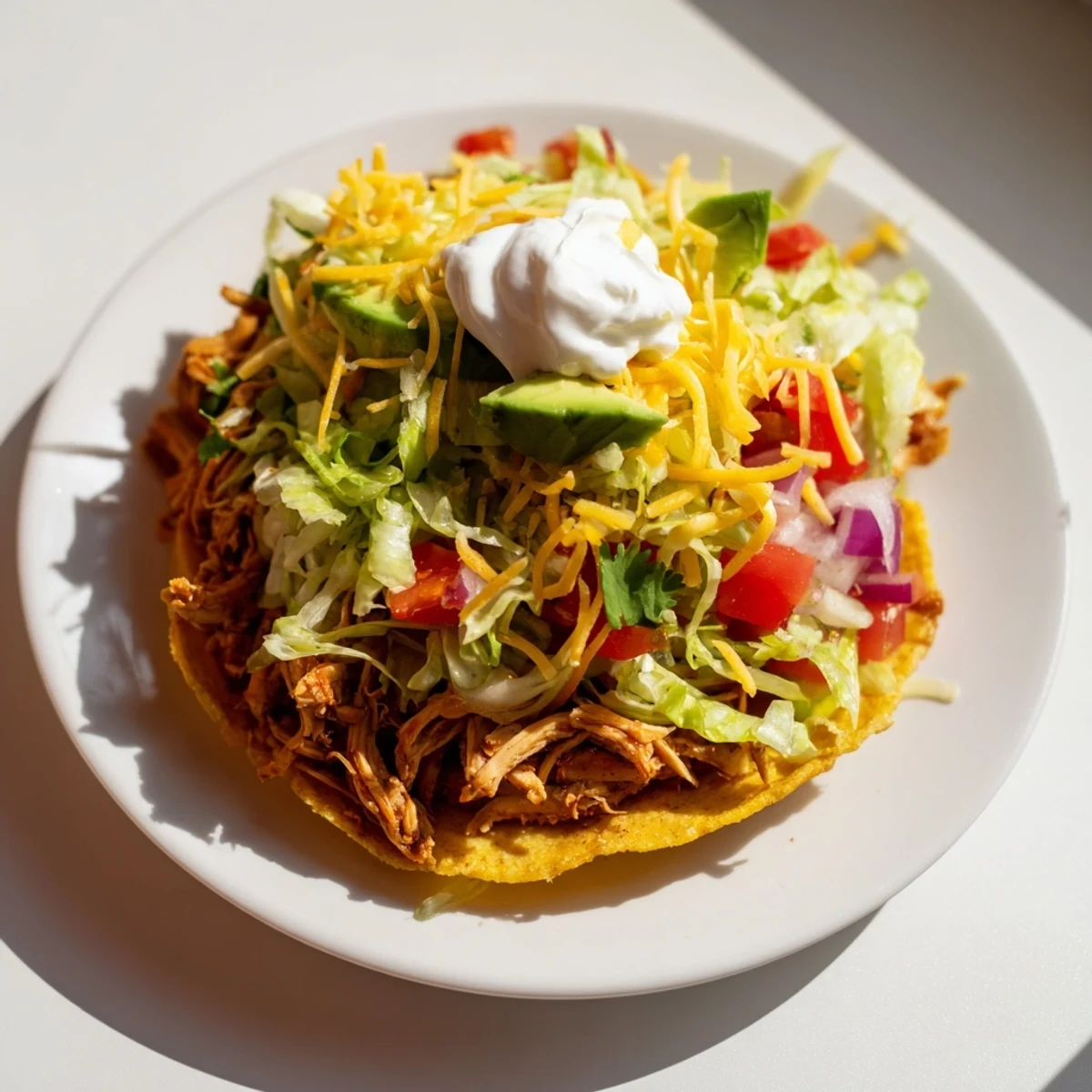 Ultimate Chicken Tostadas featuring juicy shredded chicken, refried beans, and zesty lime wedges.