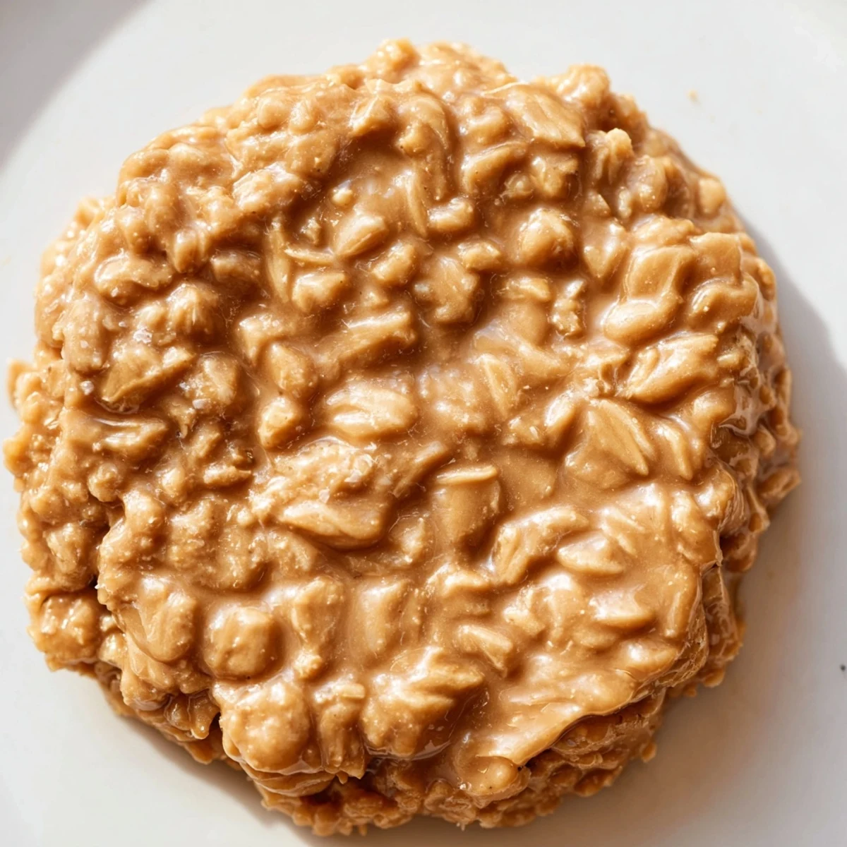 Chewy Peanut Butter No Bake Cookies topped with creamy peanut butter on a white plate.