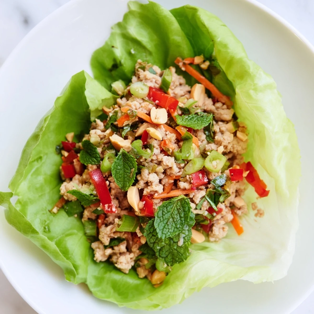 Savory Thai chicken lettuce wraps topped with fresh herbs and crushed peanuts.  