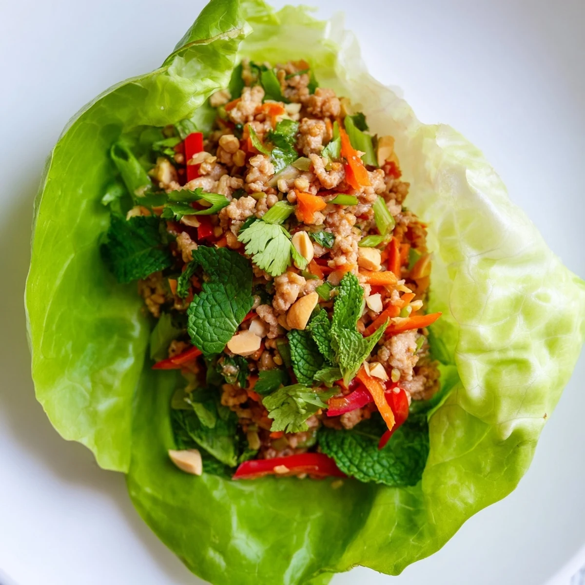 Crisp butter lettuce cups filled with spicy minced chicken and colorful vegetables.  