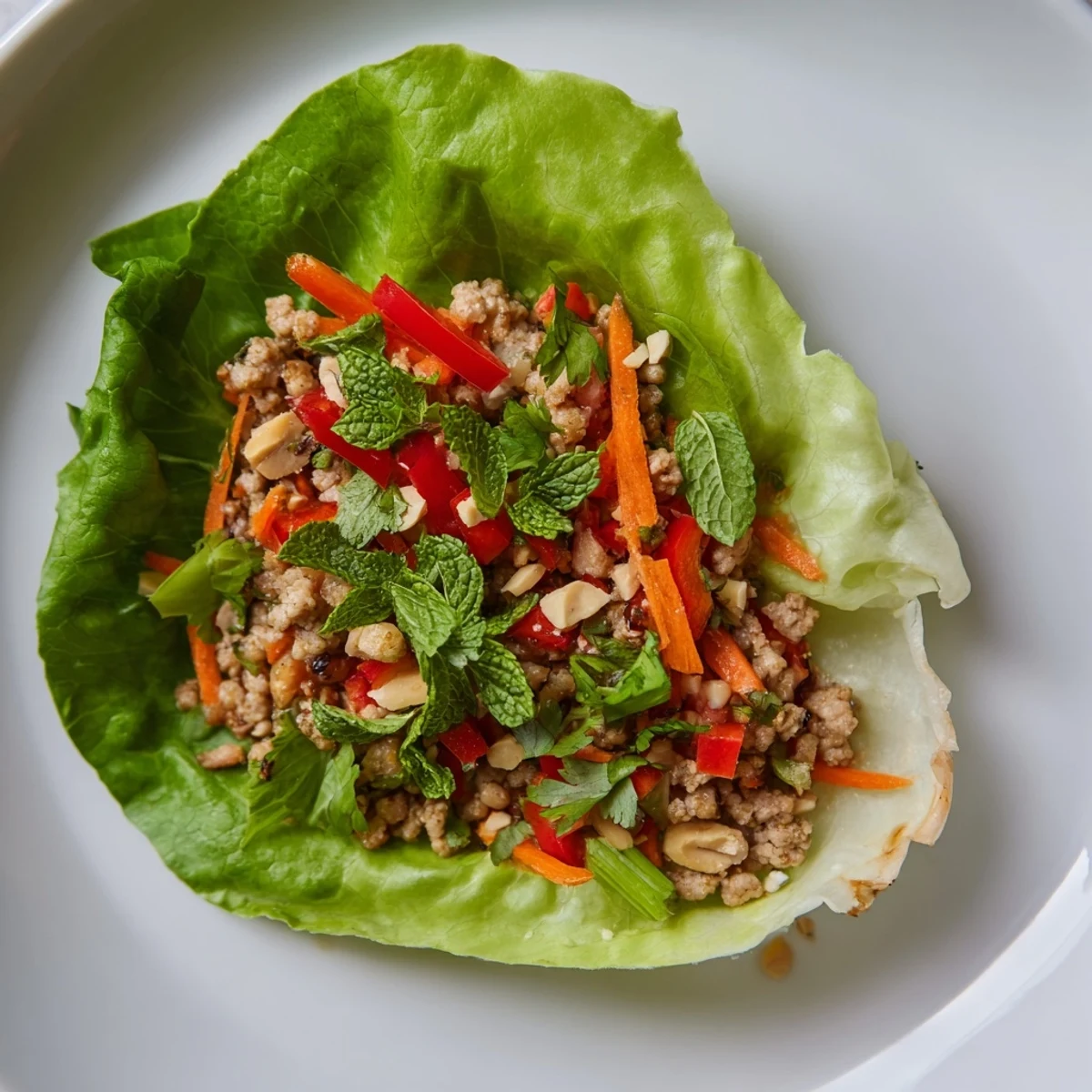 Healthy Thai chicken lettuce wraps garnished with mint, cilantro, and lime wedges.