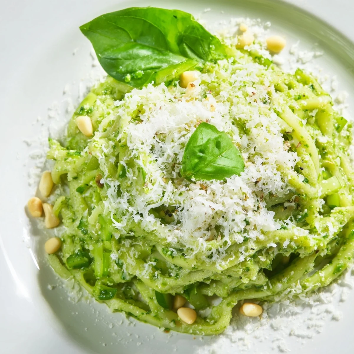 Vibrant garlic scape pesto swirled over pasta with fresh basil garnish  