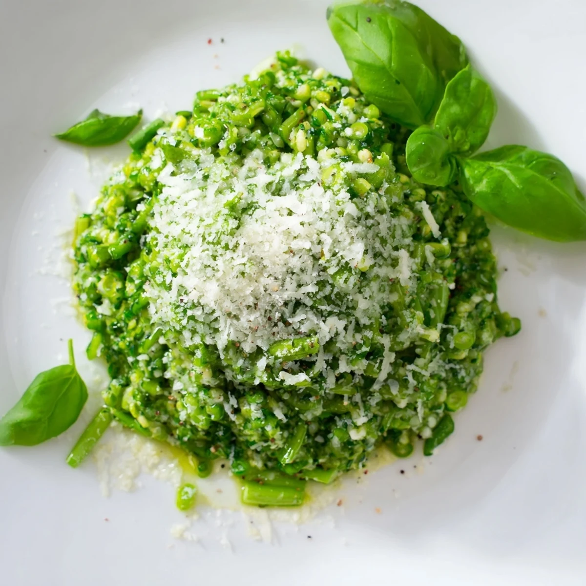Rich green garlic scape pesto drizzled over roasted seasonal vegetables
