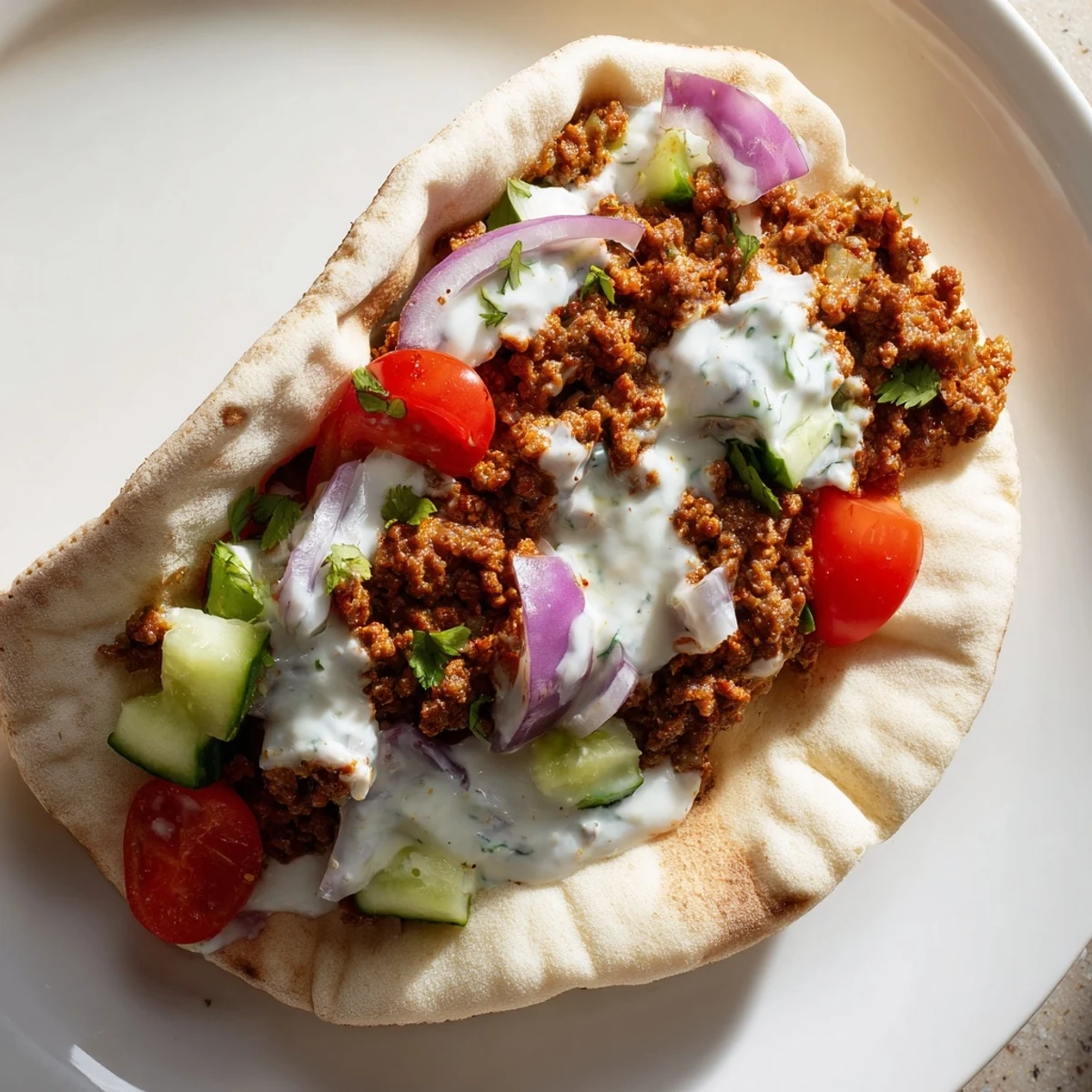 Golden brown Mediterranean ground beef pita pockets stuffed with fresh vegetables and creamy yogurt sauce.