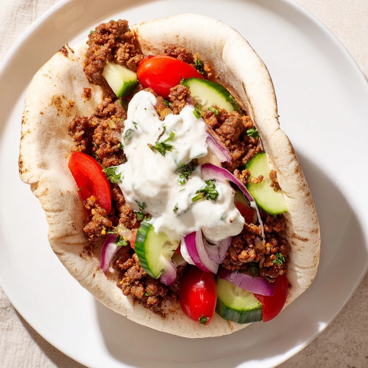 Warm pita bread filled with spiced Mediterranean ground beef and crisp vegetable salad for a hearty meal.