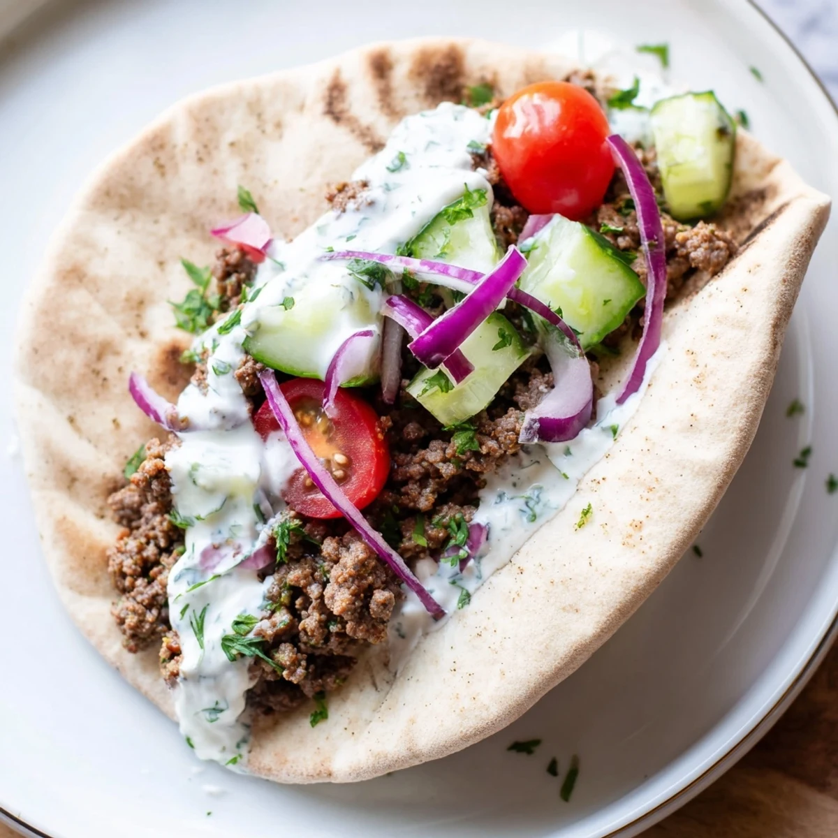 Delicious Mediterranean ground beef pita pockets drizzled with tangy yogurt sauce and fresh parsley.