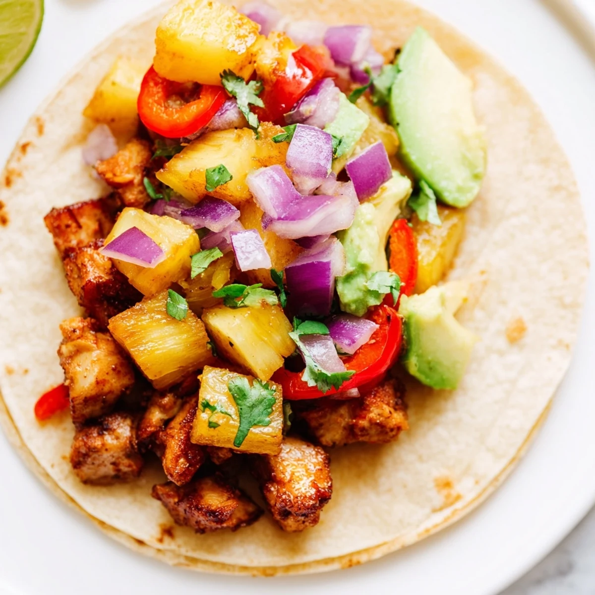 Golden one pan chicken and pineapple tacos topped with fresh cilantro and lime.