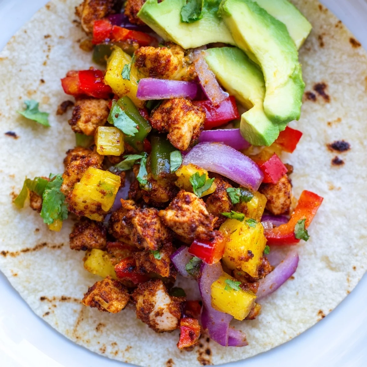 Spicy chicken and caramelized pineapple tacos served in warm soft tortillas.