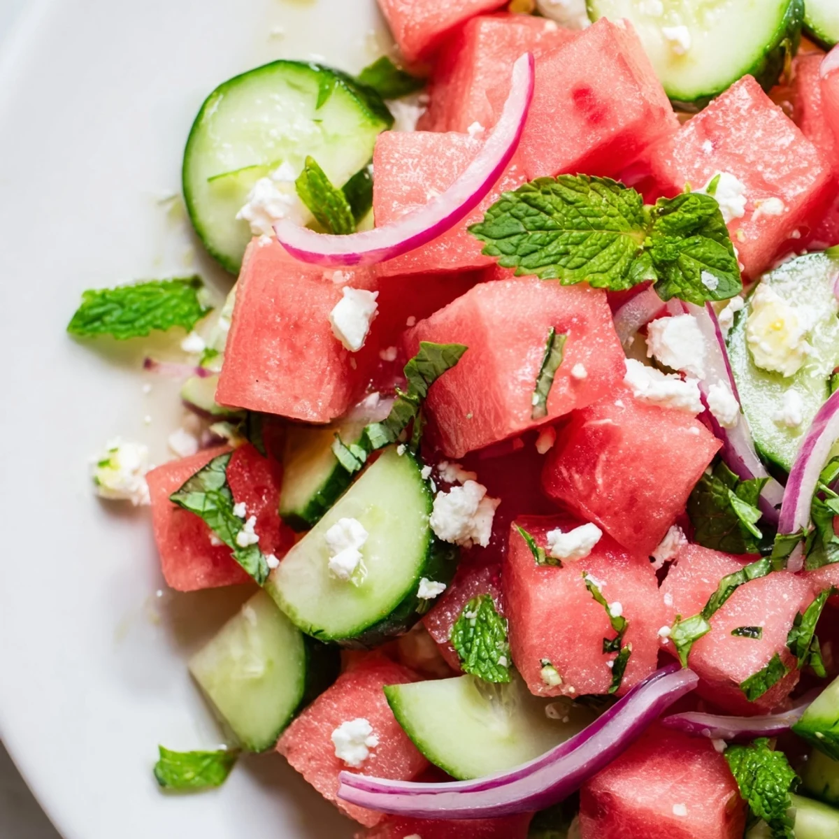 Fresh watermelon cucumber salad bowl with mint and lime drizzle  