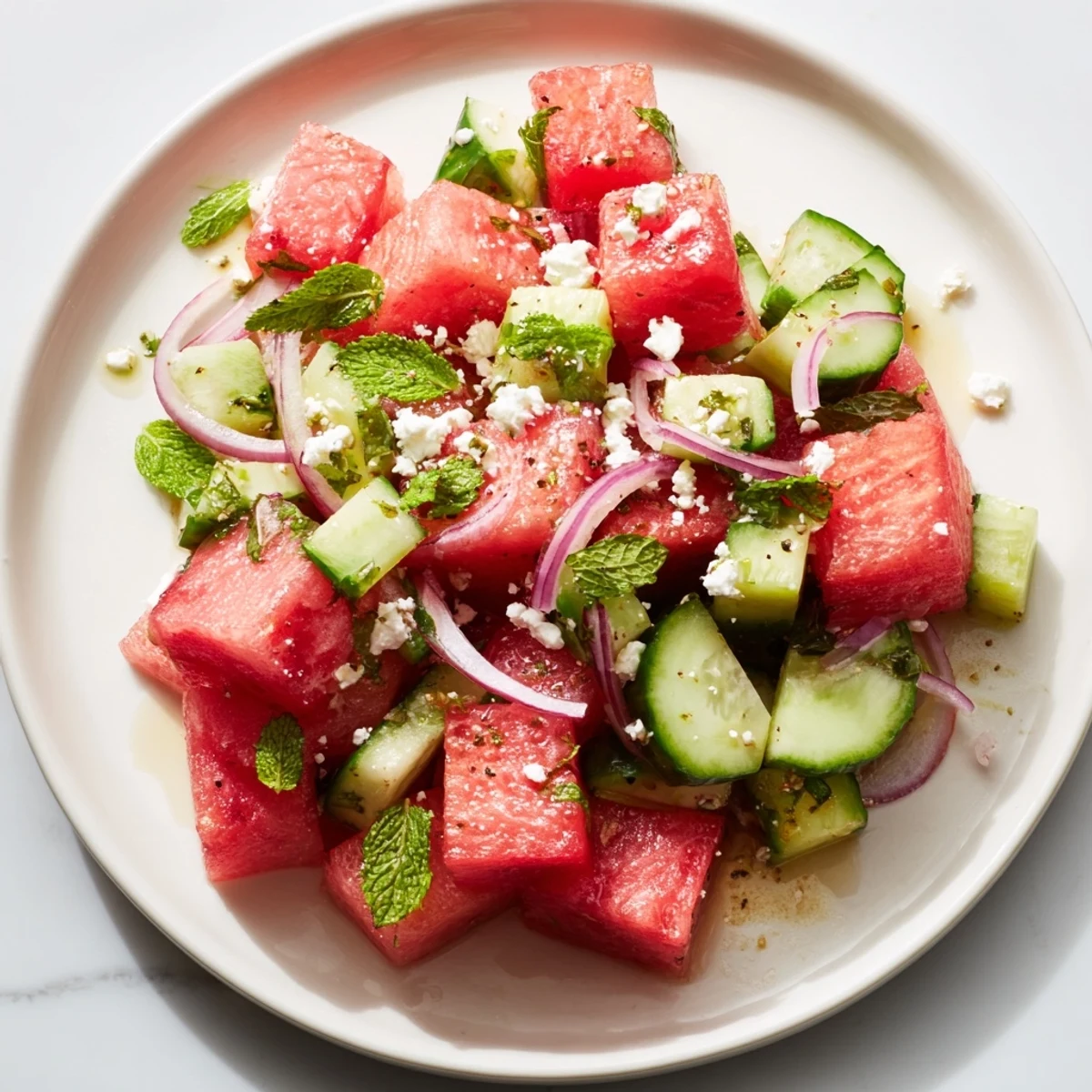 Crisp watermelon cucumber salad with feta cheese and tangy lime dressing  