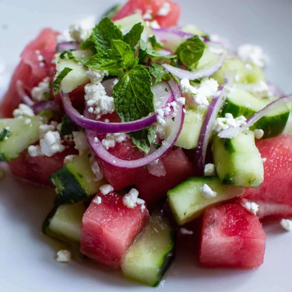 Juicy watermelon cucumber salad topped with fresh mint and lime zest