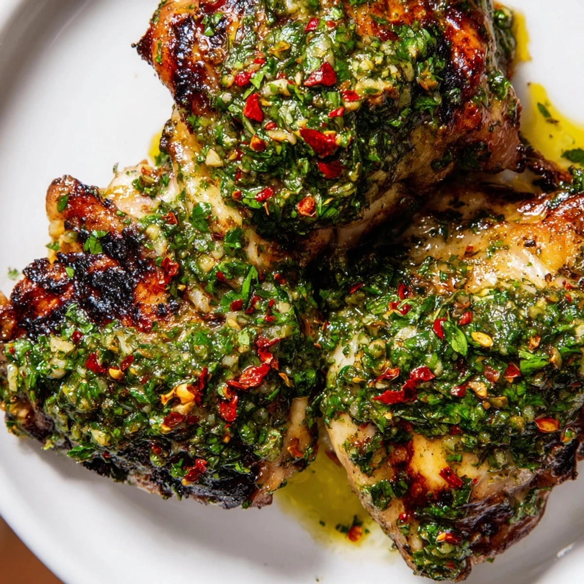 Grilled chimichurri chicken thighs with vibrant green herb sauce drizzled on top  