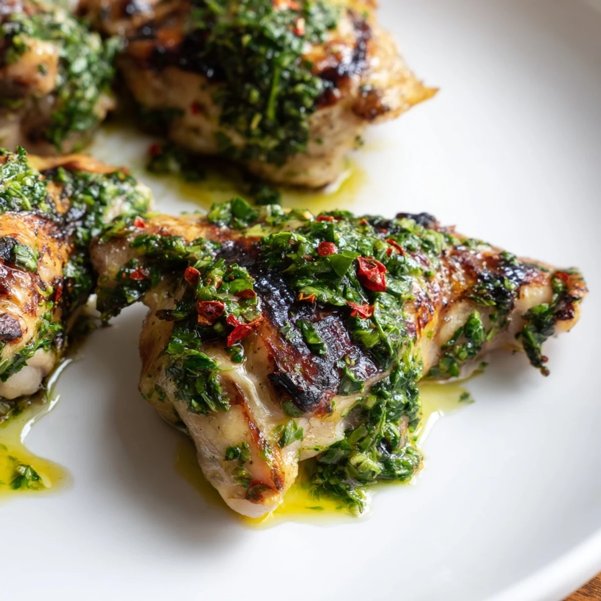 Golden crispy chicken thighs glazed with zesty chimichurri sauce on a white plate  