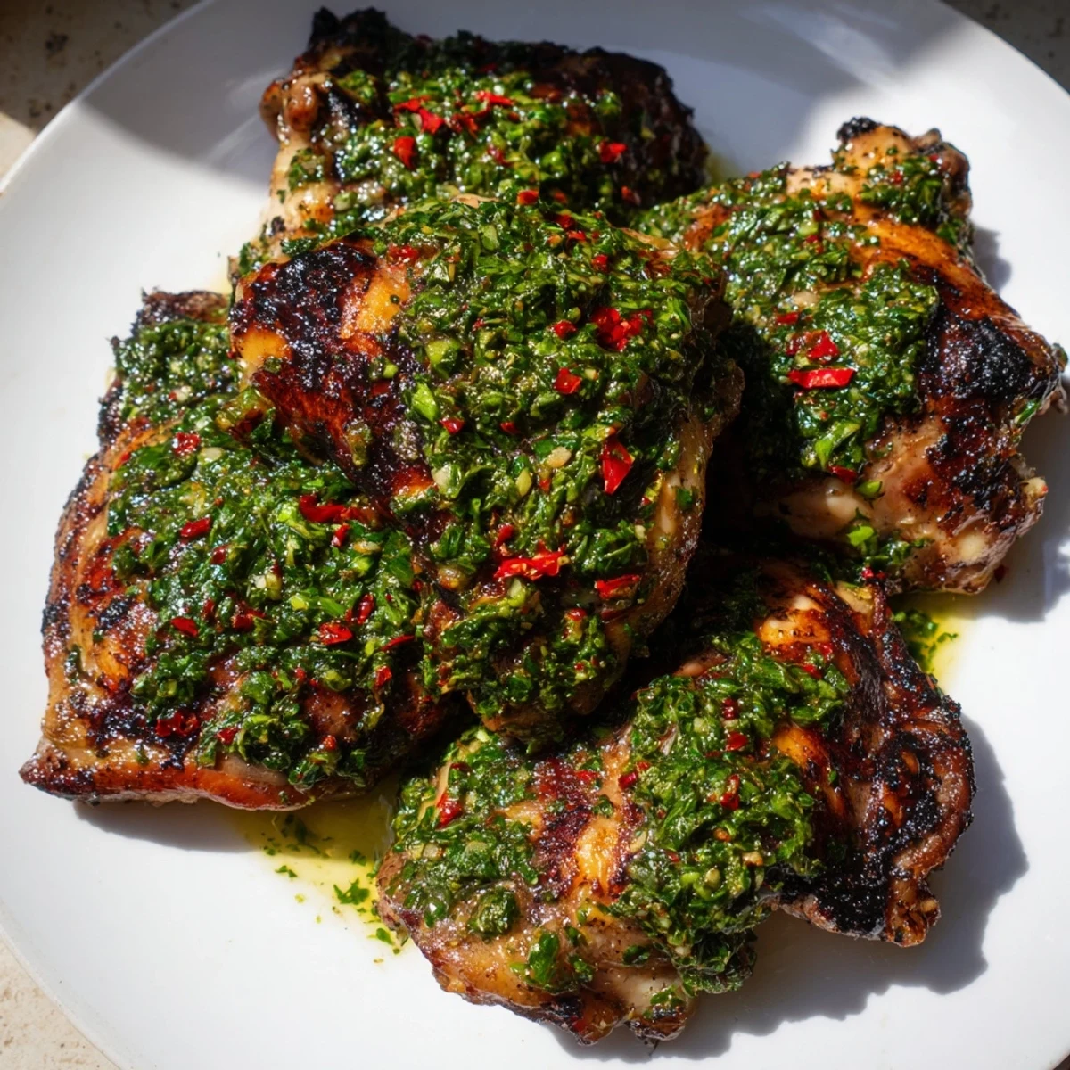 Savory chimichurri chicken thighs resting on a cutting board with fresh garnish