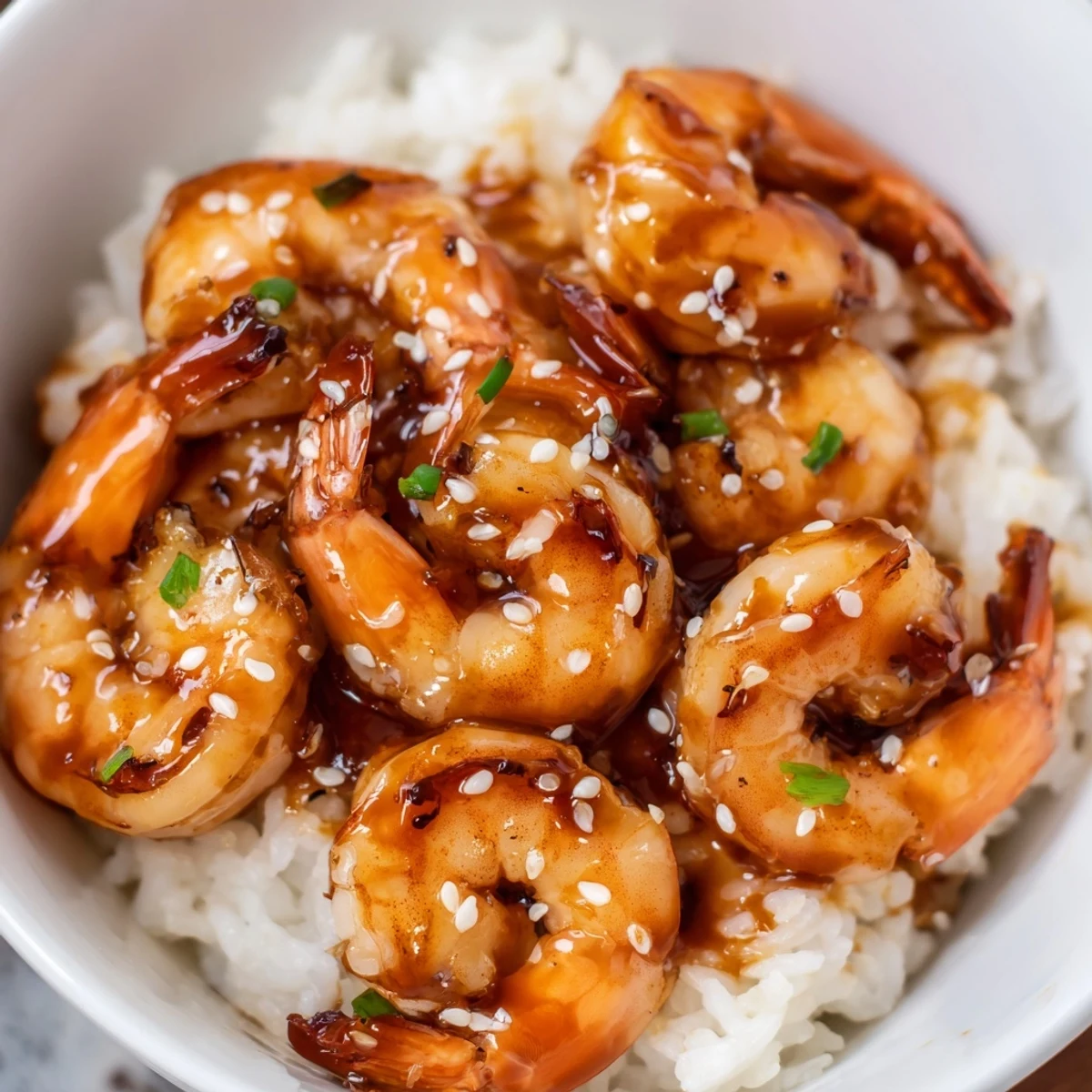 Colorful teriyaki shrimp rice bowl topped with fresh edamame, carrots, and sesame seeds  