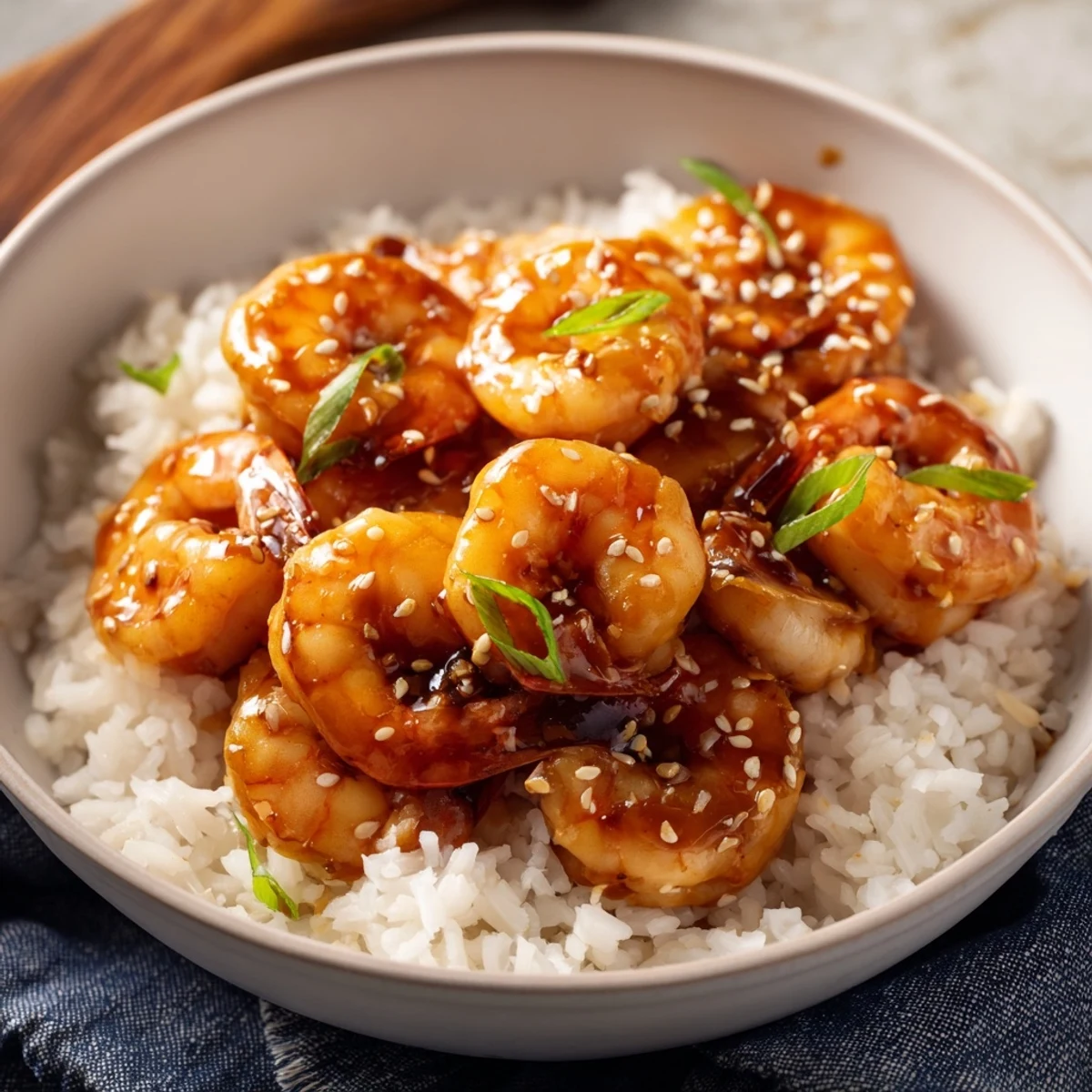 Steaming jasmine rice bowl with caramelized teriyaki shrimp and sliced cucumber garnish