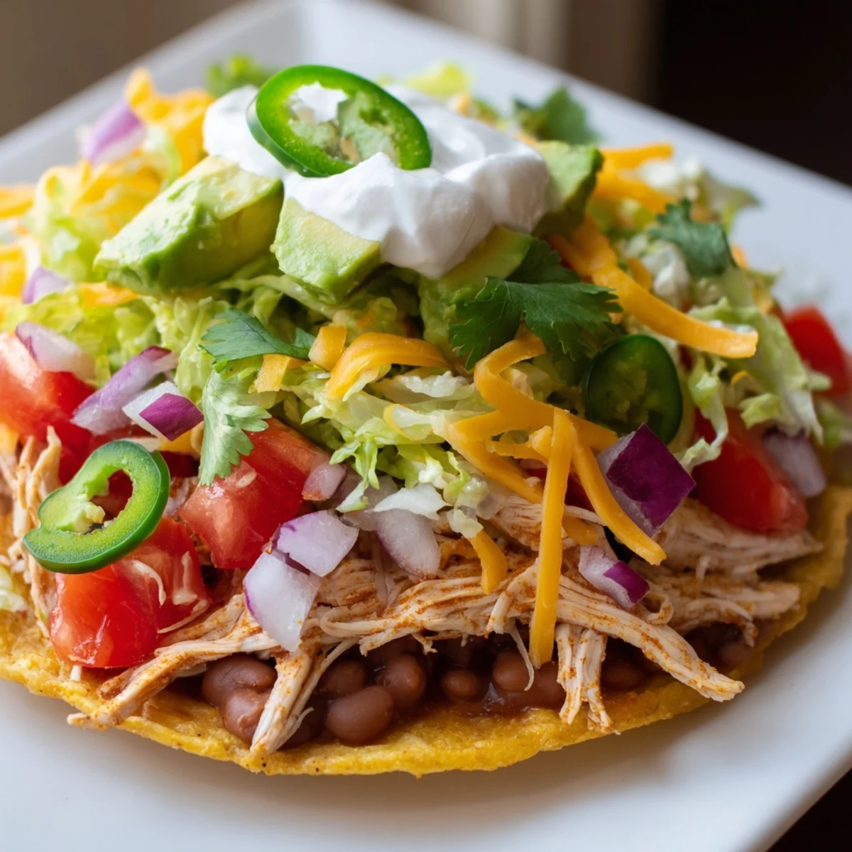 A hearty plate of chicken tostadas garnished with cilantro, sour cream, and lime.