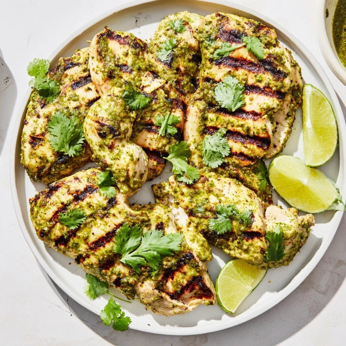 Golden grilled Cilantro Lime Chicken garnished with fresh herbs and lime wedges  