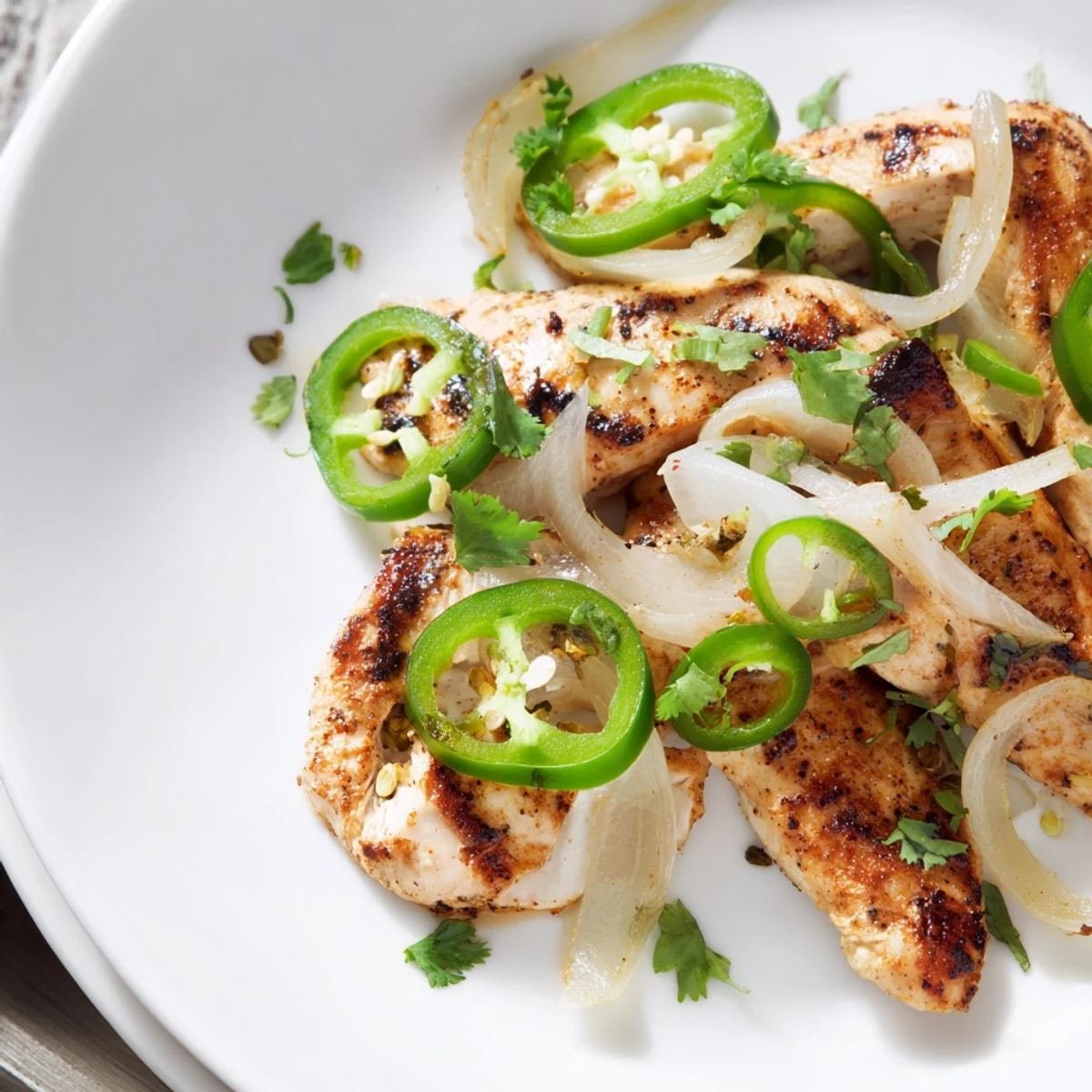 Golden chicken breasts baked with vibrant sliced jalapeños and aromatic garlic.