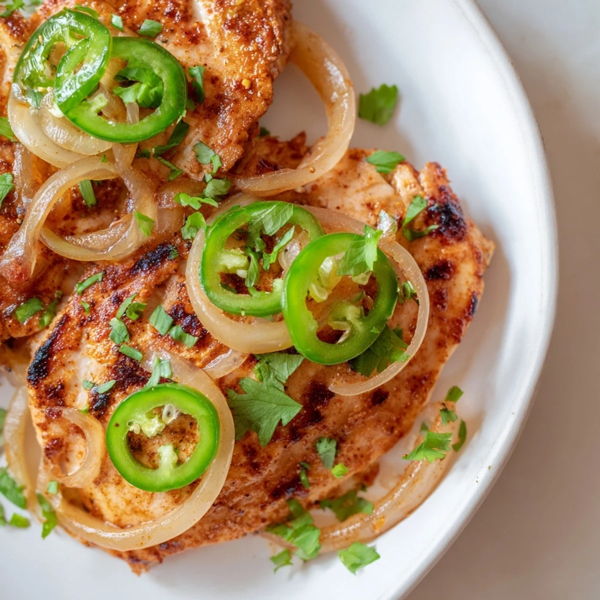Sizzling skillet of Spicy Jalapeno Chicken garnished with fresh herbs for dinner.