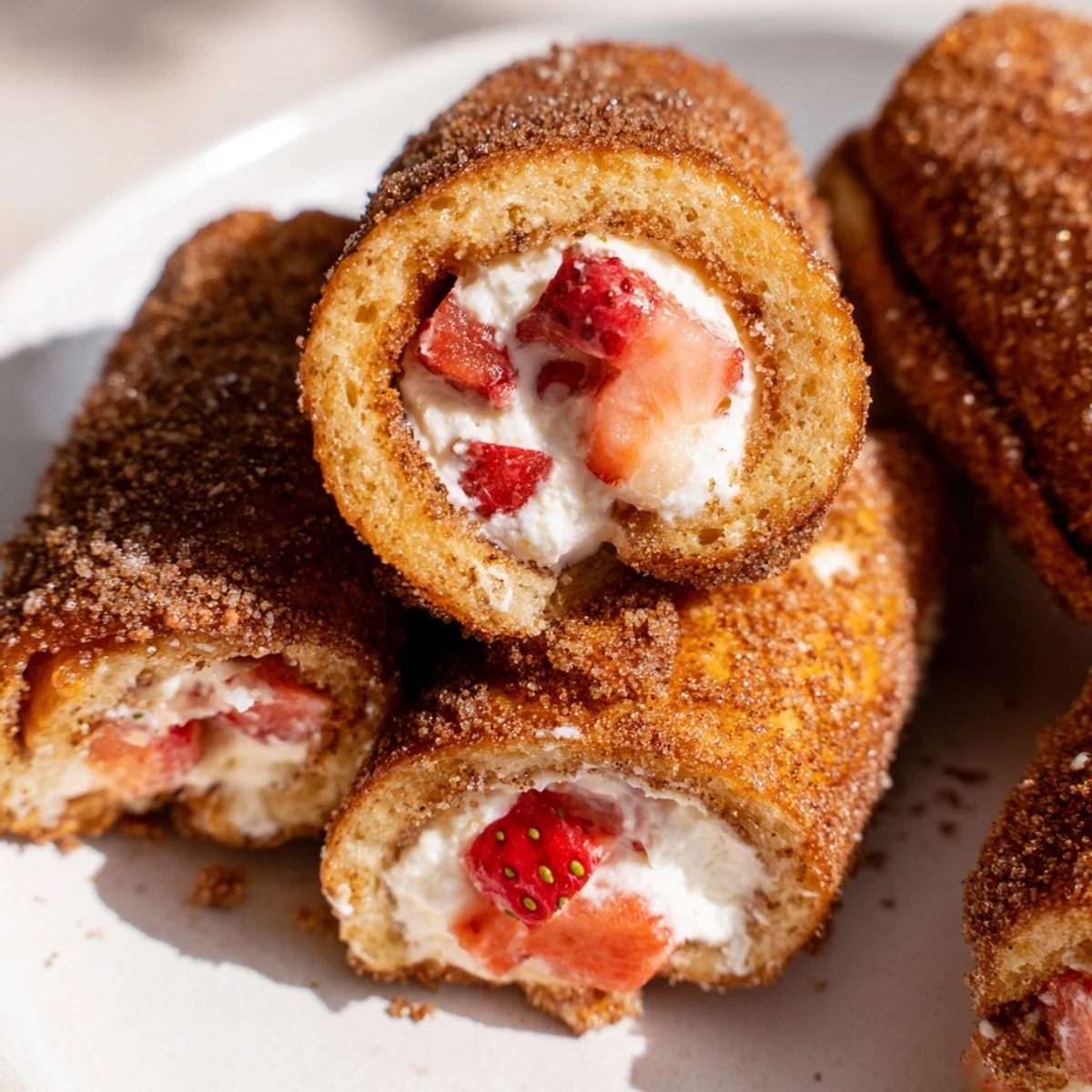 Golden brown Strawberry Cream Cheese Roll Ups dusted with cinnamon sugar on a white plate  