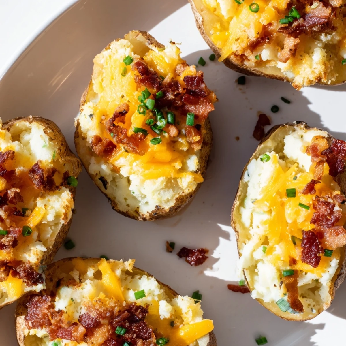 Golden cheesy jalapeno popper twice baked potatoes topped with crispy bacon bits.