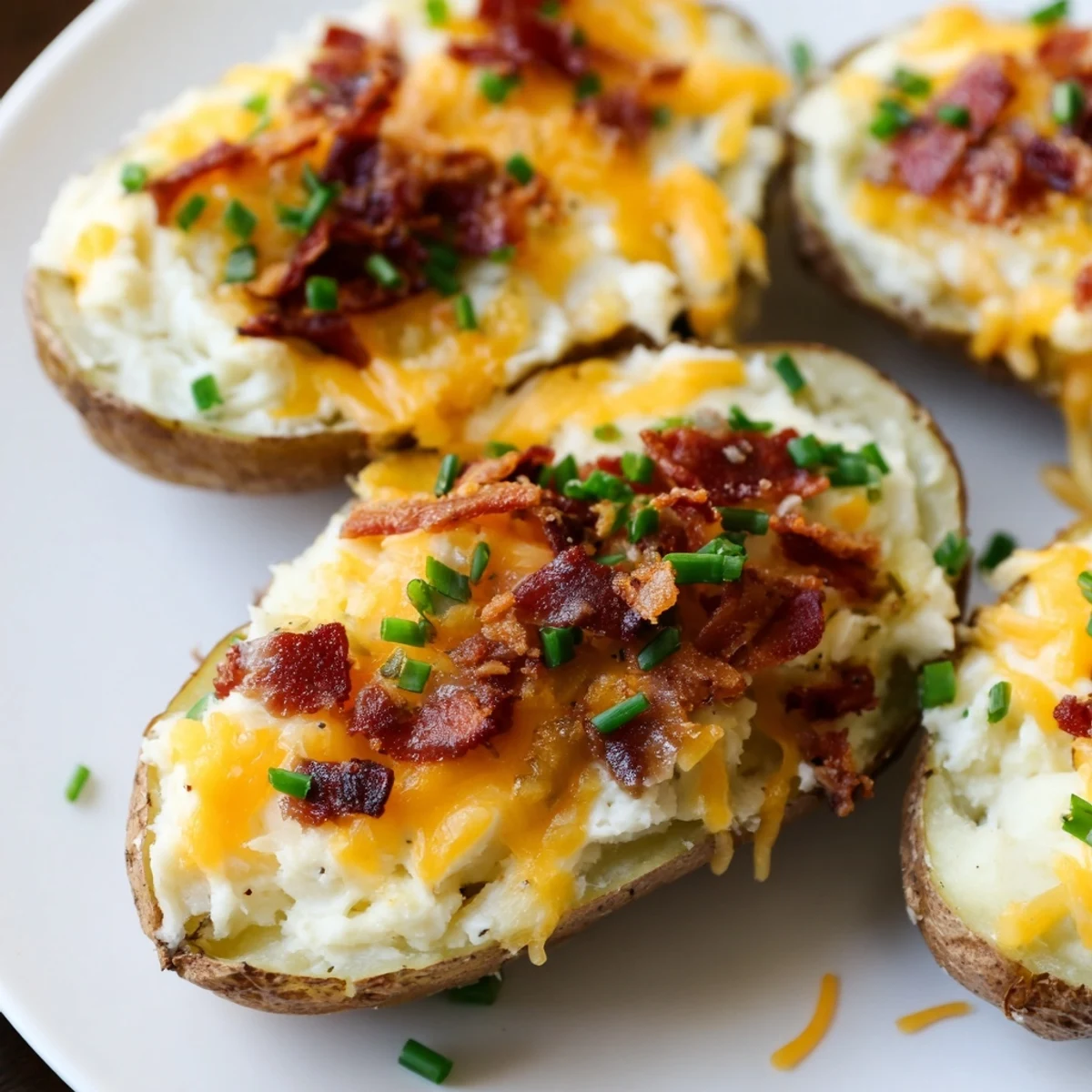 Crispy skinned jalapeno popper twice baked potatoes stuffed with spicy melted cheese.
