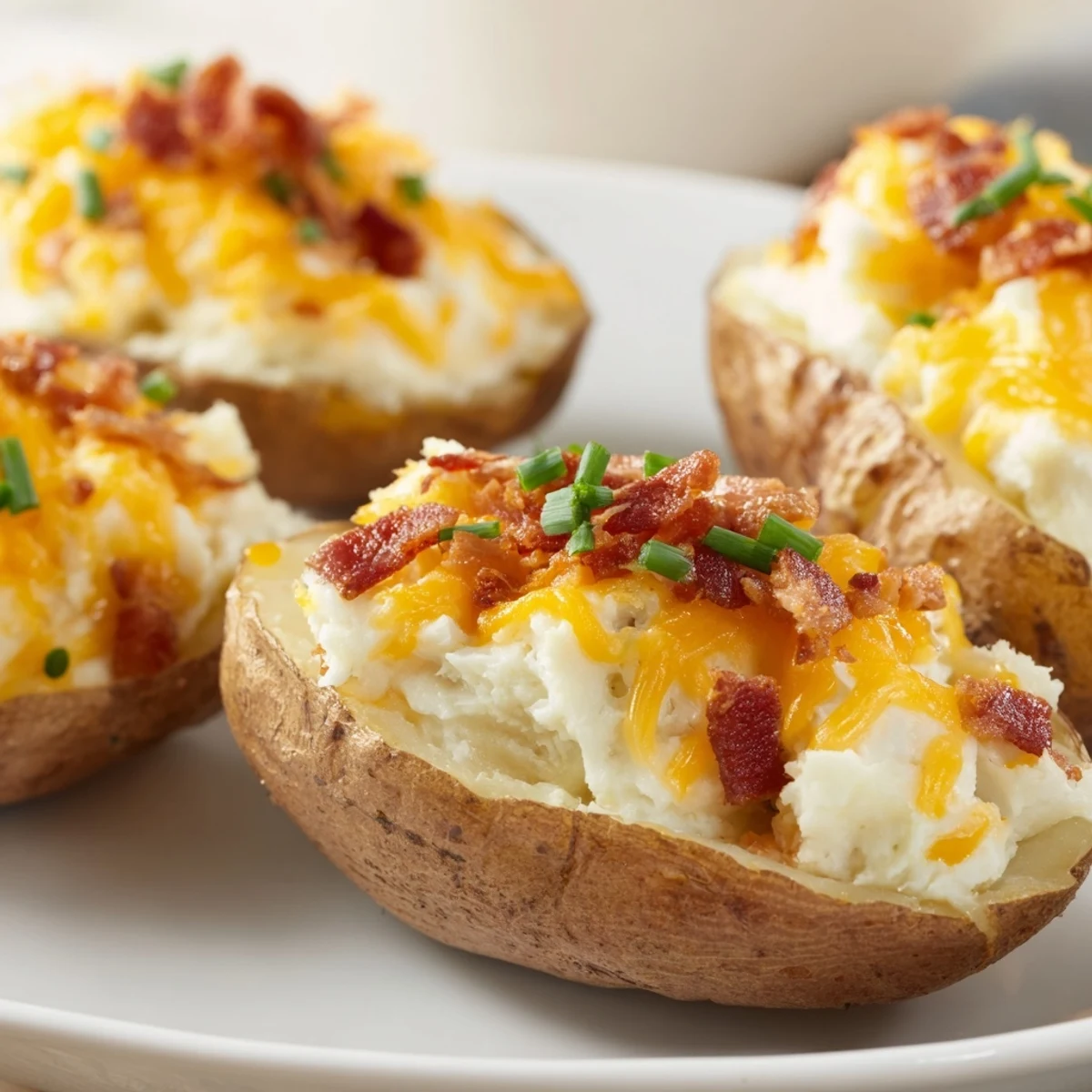 Creamy jalapeno popper twice baked potatoes garnished with fresh green onion slices.